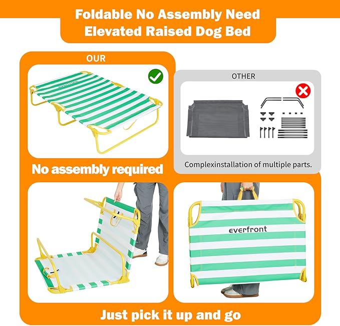 Dog Elevated Bed Foldable Portable Raised Bed Camping cot Outdoor Summer Dog Bed (Medium, GreenStripes-Oxford Fabric)