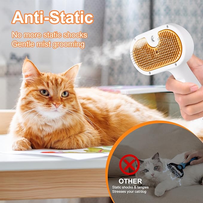 Cat Steam Brush, Pet Steam Brush for Cat & Dog, Mist Spray Comb, Spritz Defur Tool, Water Grooming Kit, Dog Hair Removal Steam Cleaner with Release Button