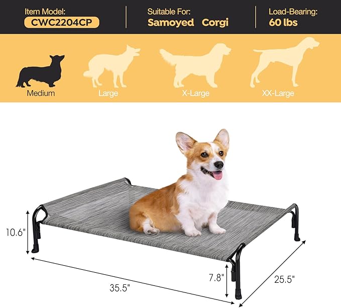 Veehoo Outdoor Elevated Dog Bed, Raised Dog Cot for Small Medium Dogs, Cooling Washable Waterproof Pet Hammock Beds with Slope Headrest, Breathable Mesh and Sturdy Frame, M, Black Silver, CWC2204