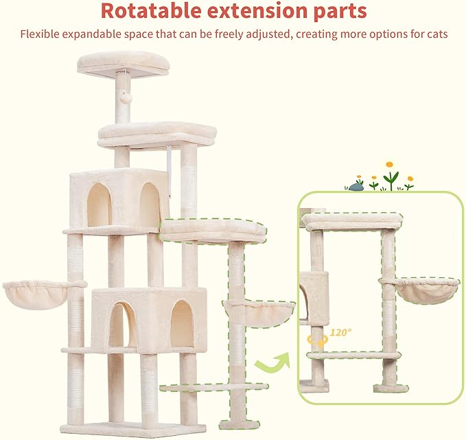 Hey-brother Cat Tree Tower, Scratching Posts with a Extended Part, Wide Platforms, Cozy Condos, Hammocks, Sisal Columns and Ball for Indoor Cats, 70.1 Inches, Beige MPJ038M