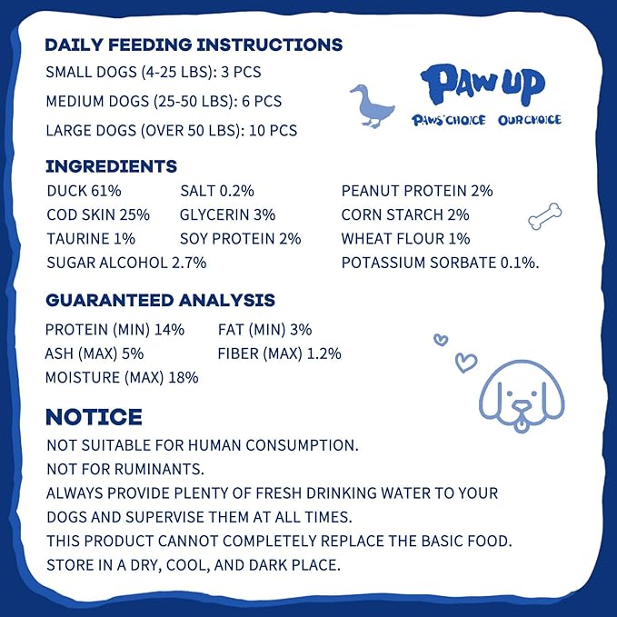 Cod Skin Dog Treats with Duck Dog Snacks High Protein and Omega-3, Natural Dog Chews w/Taurine, 12.5 oz