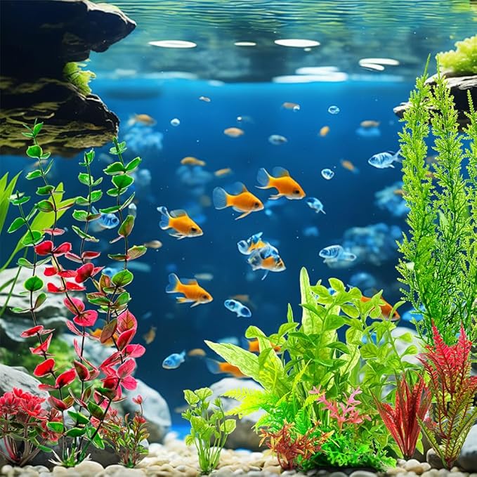 18-Piece Artificial Aquarium Plants Decorations – Large Set with Red & Green Foliage, Fish Tank Decor for Betta, Goldfish, Freshwater & Saltwater Tanks, Weighted Bases
