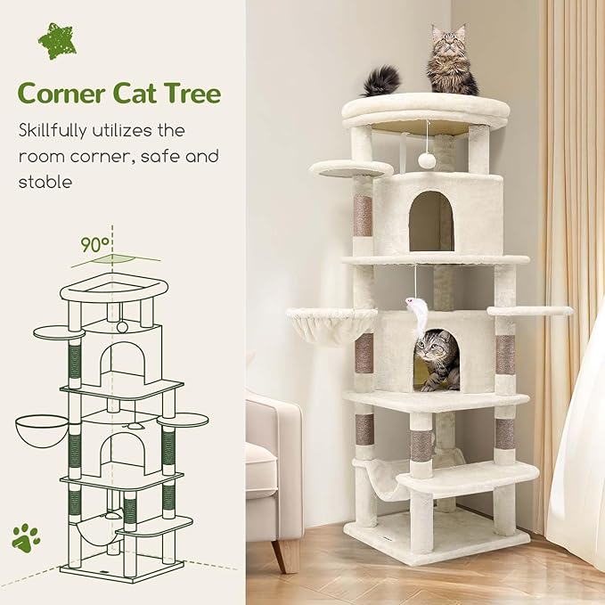 Globlazer Corner Cat Tree Tower for Large Cat, 66inch Tall Large Cat Tree Condo for Multiple Indoor Cats with 6 Scratching Posts, 2 Spacious Cat Condos, Soft Hammock, Hanging Basket, C66, Light Beige