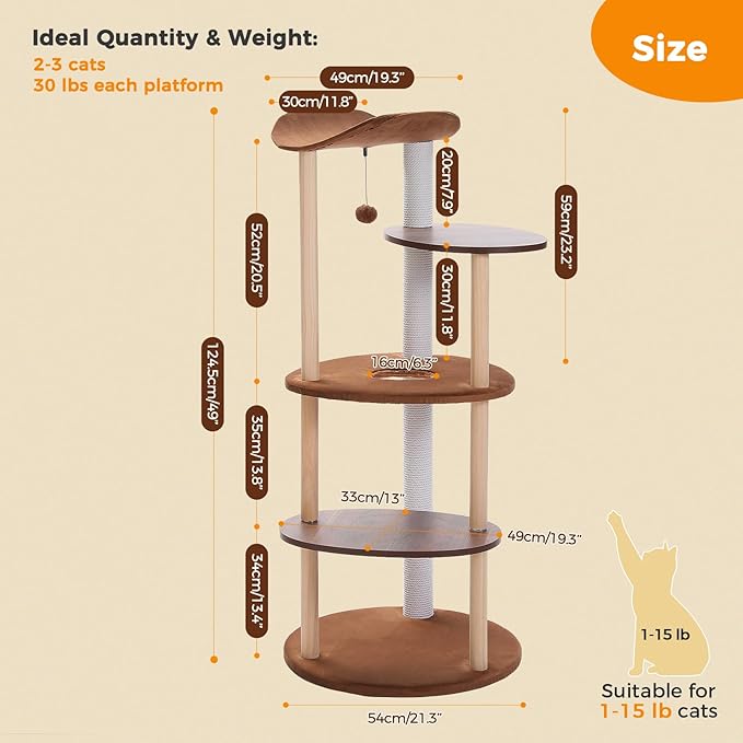 PETEPELA Wood Cat Tree Tower for Indoor Cats,5-Level Modern Cat Tree Cat Activity Center with Scratching Posts, Brown