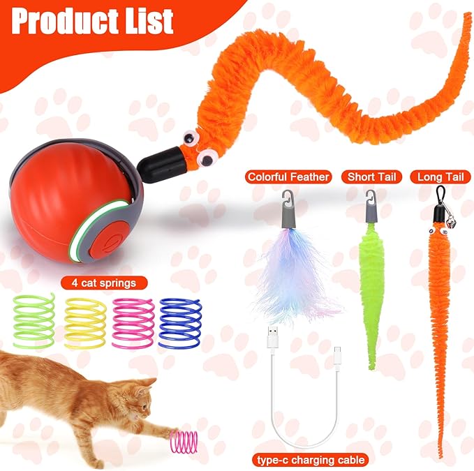 AIERSA Interactive Automatic Cat Toys for Indoor Adult Cats,Self Play Speed Tail Toy with 3 Tails and 4 Springs (Orange)