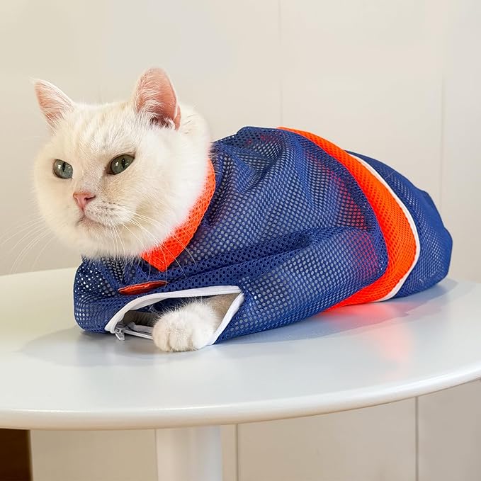 Cinf Cat Bathing Bag, Breathable Mesh Anti Scratch Adjustable Cat Grooming Bag for Nail Trimming, Bathing Soft Cat Washing Bag(Orange Blue) M