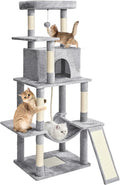 Cat Tree Tower 63in Multi-Level Cat Tower for Indoor Cats with Sisal Scratching Posts, Condo, Hammock, Dangling Ball and Extended Platform for Cats to Play, Light Grey