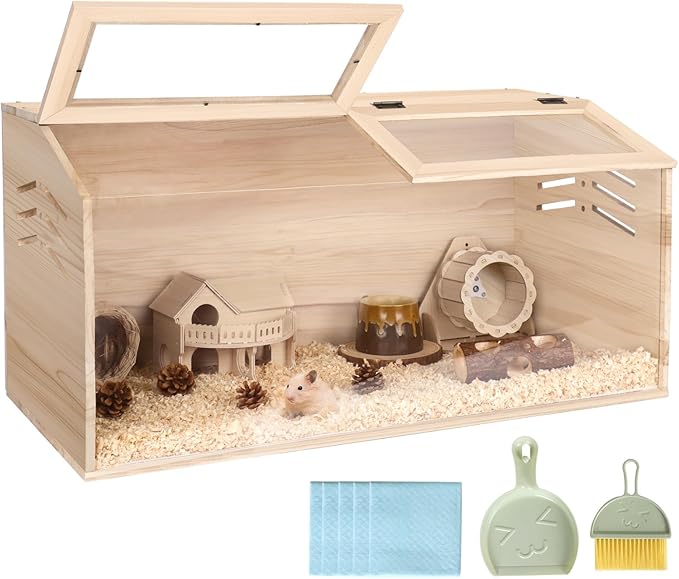 Snowtaros Wooden Hamster Cage, Large Hamster Cages and Habitats Chewproof, with 2 Openable Acrylic Top, Small Animal Cage for Mouse Gerbil Quail Dwarf Syrian Hamsters (31.5" L*15.7" W*15.7" H)
