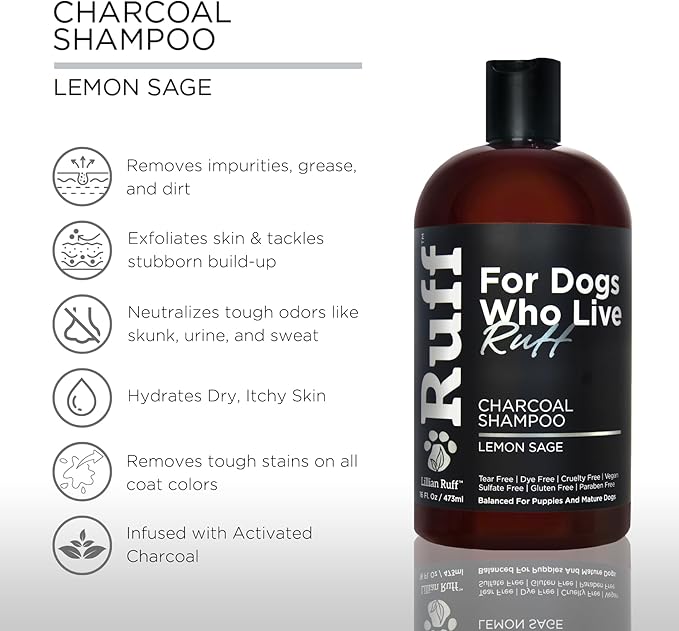 Ruff by Lillian Ruff Activated Charcoal Pet Shampoo – Deep Cleanser, Deodorizer, Stain Remover – Lemon Sage Scent, pH Balanced, Hydrate Dry Itchy Skin – Safe for Puppies & Mature Dogs