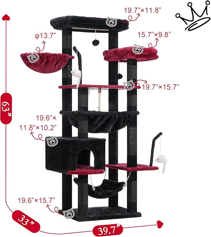 Gothic Cat Tree, Cat Tower for Large Cats with 2 Big Platforms, 2 Baskets, condo and Toys, 63" Cat Scratching Posts for Indoor Cats, Black and red GCT020BR