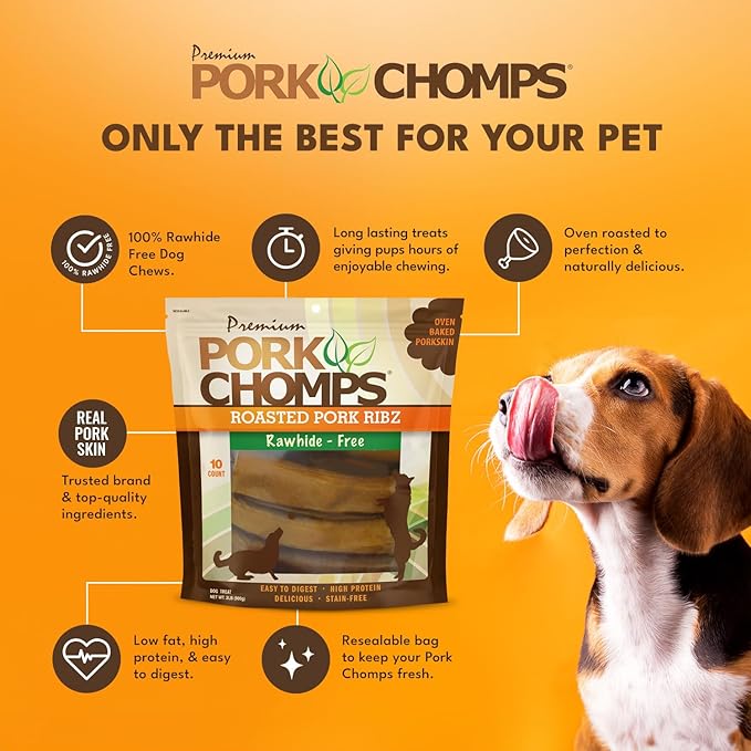 Pork Chomps Roasted Pork Skin Dog Chews, 6-inch Rib Shapes, 10 Count