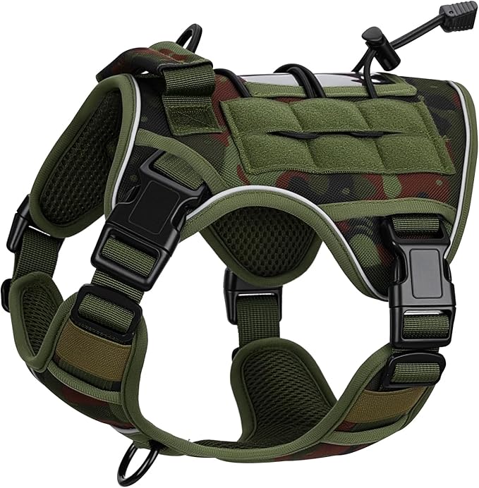 Heavy-Duty Tactical Dog Harness for Large Dogs, No Pull Adjustable Reflective Pet Vest with Molle System, K9 Military-Grade Control for Service Training, Outdoor & 10+ Breeds, Green Camo, Small