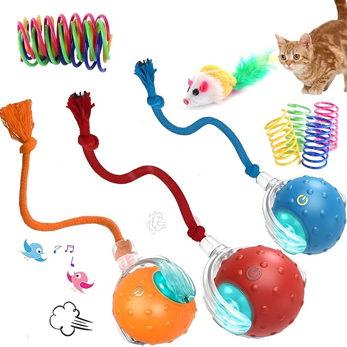 3-Pack Interactive Cat Toys Ball - 2025 New Gen with Smart Obstacle Avoidance & Auto Wake-Up,Includes 4 Speedy Tail 2.0 Ropes,Cat Spiral Spring 12Pcs, Ideal Kitten Toys for Bored Indoor Cats