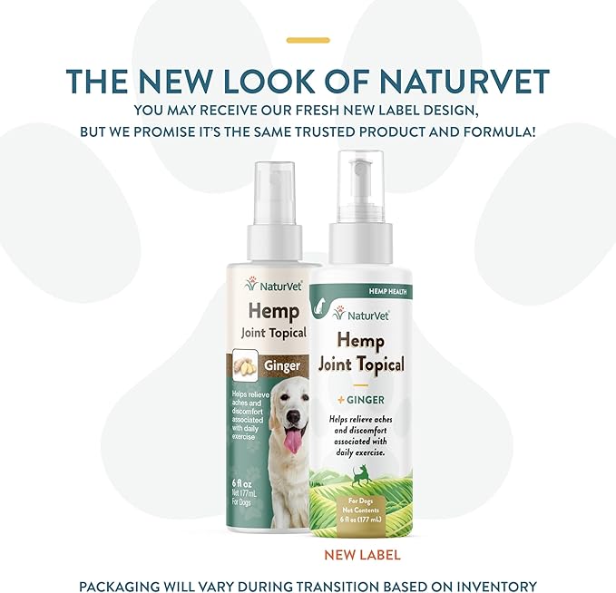 NaturVet Hemp Joint Topical Spray with Ginger for Dogs, 6oz Liquid, Made in The USA