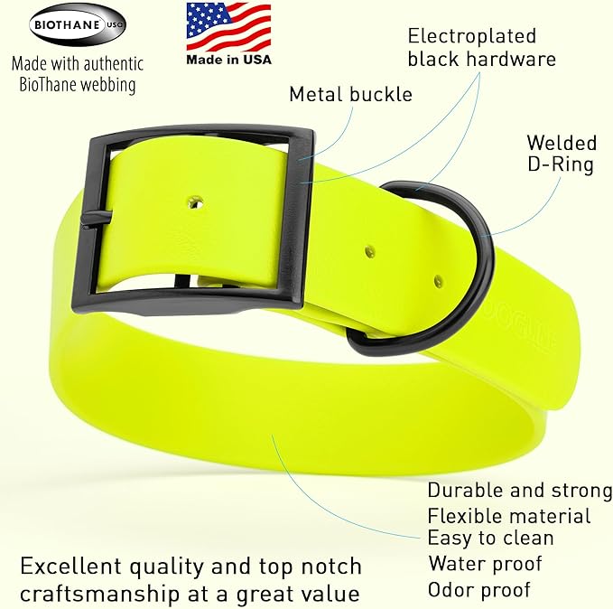 Dogline Biothane Waterproof Dog Collar Strong Coated Nylon Webbing with Black Hardware Odor- Proof for Easy Care Easy to Clean High Performance Fits Small Medium or Large Dogs, Safety Yellow