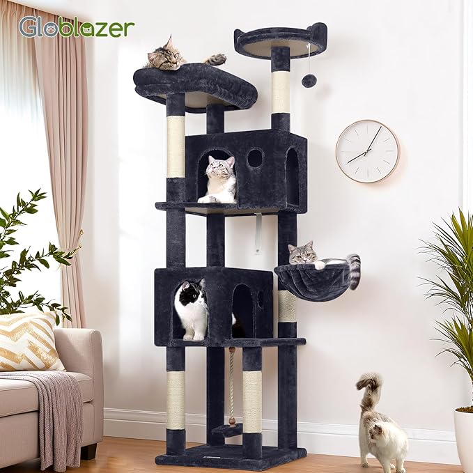 Globlazer Cat Tree, 70 inch Tall Scratching Tower Multi-Level Cat Condo for Indoor Multiple Cats with 2 Large Cat Caves, Top Perch, Large Platform, Bottom Swing, F70B, Dark Grey
