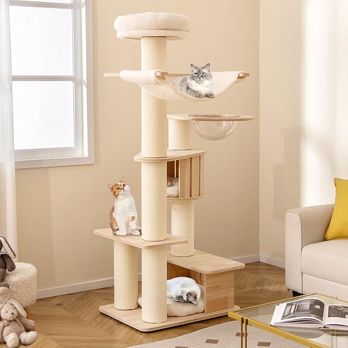 Tangkula 69” Tall Cat Tree, Multi-Layer Wood Cat Tower with Scratching Posts, Perch, Condo, Space Capsule, Hammock, Washable Cushions, Modern Cat Tree Tower for Indoor Cats Large Adult