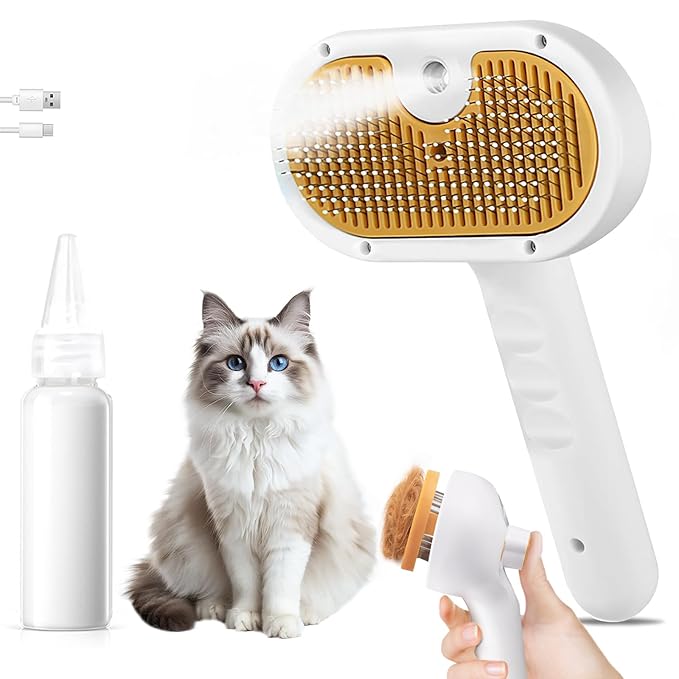 Cat Steam Brush, Pet Steam Brush for Cat & Dog, Mist Spray Comb, Spritz Defur Tool, Water Grooming Kit, Dog Hair Removal Steam Cleaner with Release Button