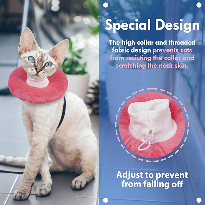 Anti-Lick Recovery Cone for Cats, Adjustable Soft Elizabethan Collar After Surgery, Easy on & Off with Drawstring Buckle, Eat & Drink Normally, Mashable Washable Pet Cone, Pink Large