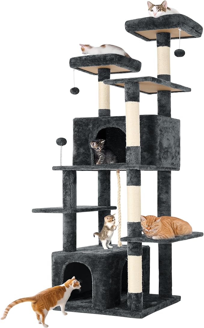 69in Large Cat Tree Tower for Indoor Cats with Soft Plush Hang Ball, Two Condos, Sisal Scratch Posts & Rope Play for Kittens/Adult Cats, Deep Grey