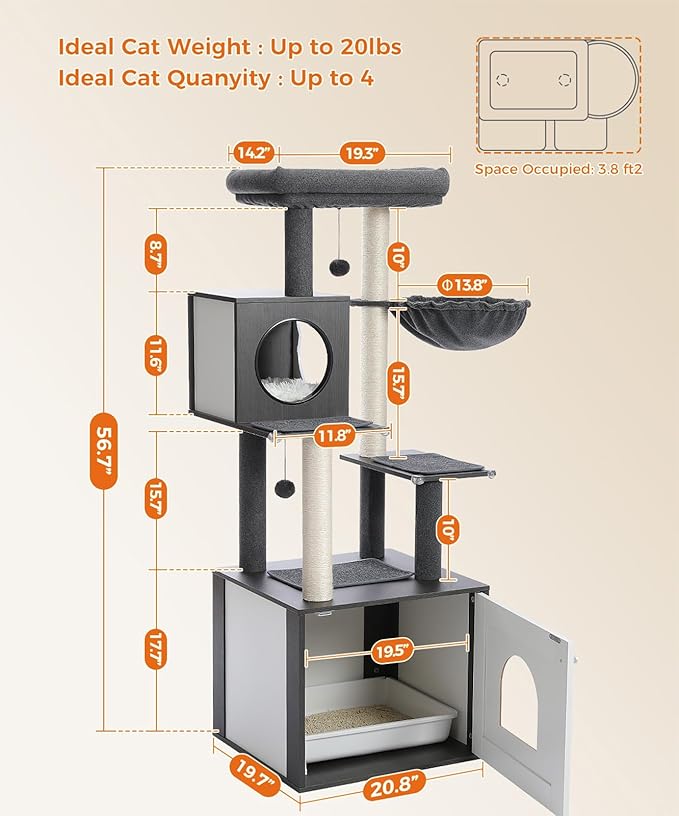 Tall Cat Tree with Litter Box Enclosure 56.7" Wooden Cat Tower for Large Cats with Cat Hammock House Bed (Wood Black)