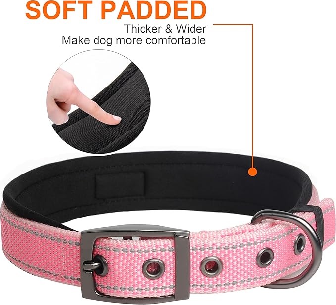 Fida Heavy Duty Dog Collar, Ultra Comfortable Soft Neoprene Padded, Adjustable Reflective Nylon Pet Collar with Durable Metal Belt Buckle for Small Breeds (S, Pink)