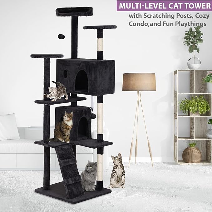 70 inches Cat Tower for Indoor Cats Multi-Level Cat Condos for XL Cat Tree Cat Climbing Tower with Scratching Posts, Hanging Toys,Dark Gray