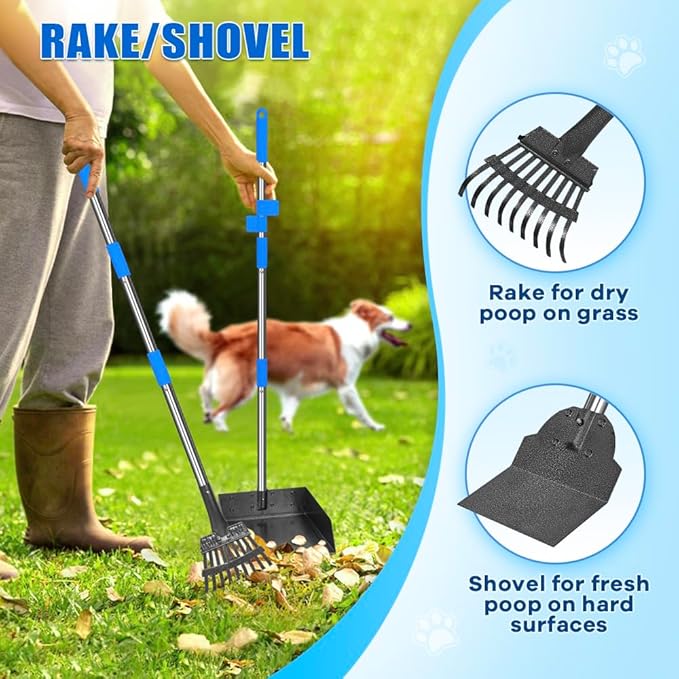 Larger Pooper Scooper Dog Pooper Scooper for Large Medium Small Dogs Heavy Duty Stainless Steel with Long Handle Tray Rake Shovel for Yard