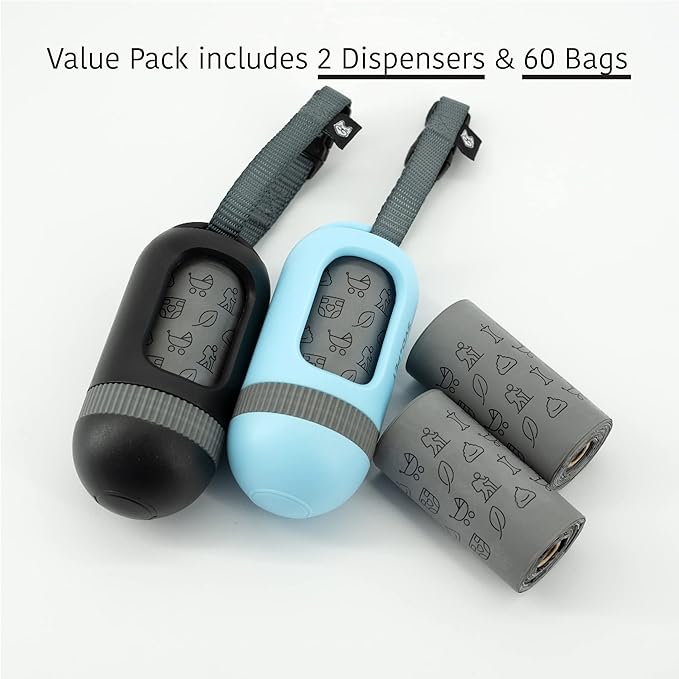 SVD.PET [2-Pack] Retractable Waste Bag Dispensers Gift Set, 2 Pet Waste Bag Holders with 60 large Waste Bags, Dog Walking Accessory Gift Value Pack (Black & Columbia Blue)