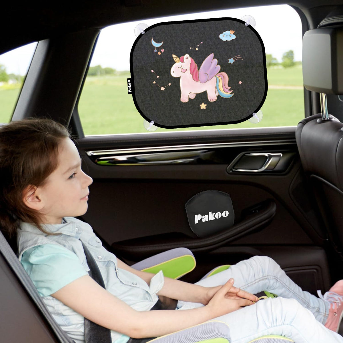 Pakoo Car Sun Shade for Baby with UV Protection, 2 Pack UV Protection Breathable Car Window Sun Shade for Children with Cute Animal Motifs, 17.7 x 14 inches Sun Shades with 8 Cups