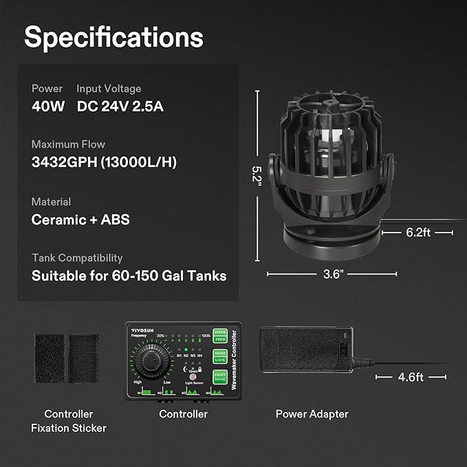 VIVOSUN Aquarium Wave Maker, 3432GPH Circulation Pump with Controller & Magnetic Suction Base, Adjustable Submersible Powerhead for 60-150 Gal Freshwater/Saltwater Fish Tank, 40W