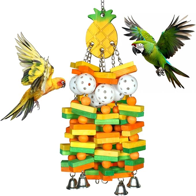 Large Wooden Bird Toys for Parrots, Cockatoos, Cockatiels, and Parakeets, Safe and Durable Shredding Cage Toy for Engaging Play Things (Pineapple)