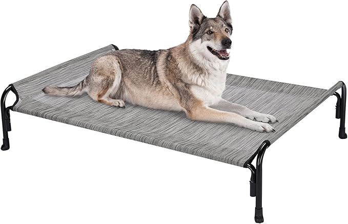 Veehoo Outdoor Elevated Dog Bed, Raised Dog Cot for Large Dogs, Cooling Washable Waterproof Pet Hammock Beds with Slope Headrest, Breathable Mesh and Sturdy Frame, Large, Black Silver, CWC2204