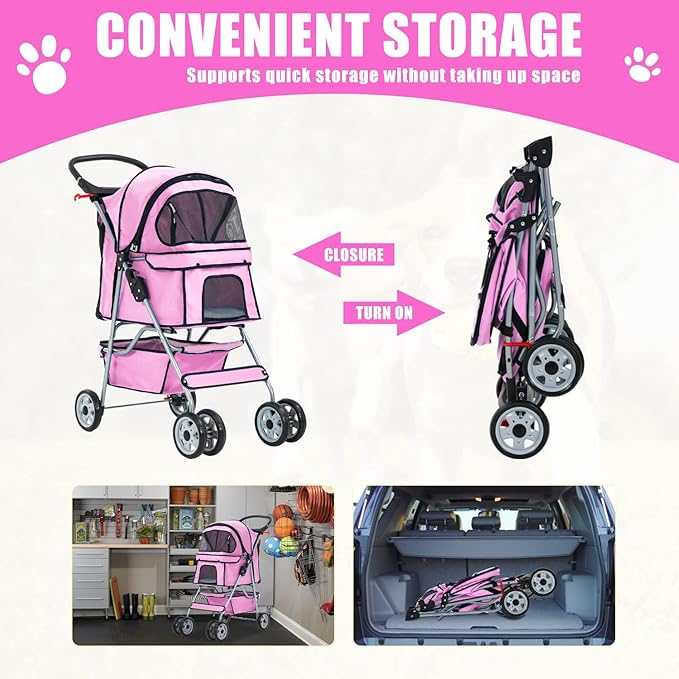 Dog Stroller, Folding 4 Wheels Pet Stroller for Small Medium Dog Cat Travel Carrier with Weather Cover Storage Basket Cup Holders Pink
