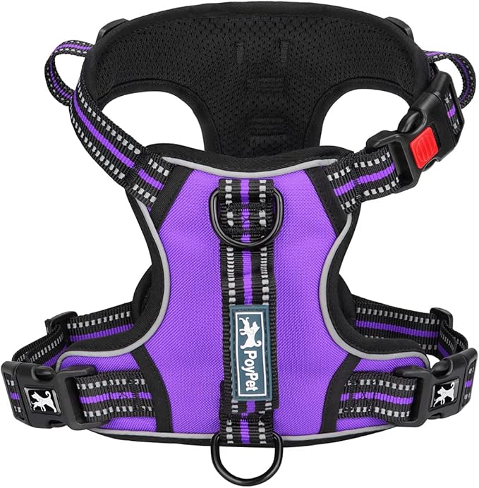 PoyPet No Pull Dog Harness, No Choke Front Clip Reflective Dog Vest with Soft Padded Vertical Handle, 3 Leash Attachments for Small Medium Large Dogs (Purple,L)