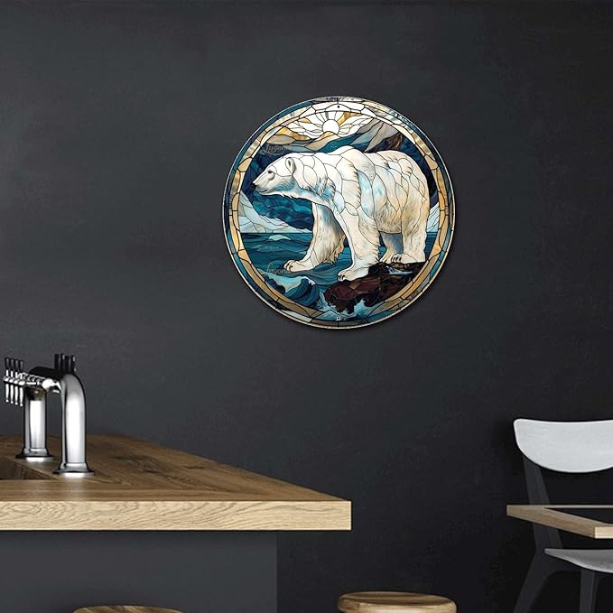 Lygond Metal Tin Sign - Circular Stained Glass Polar Bear Garage Sign For Home Decor - 8x8 Inches