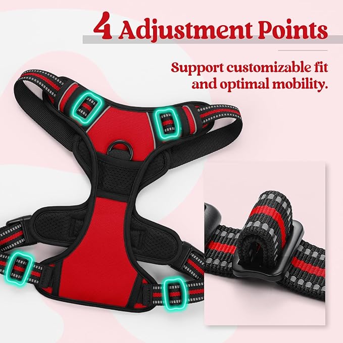 rabbitgoo Dog Harness No Pull with 2 Leash Clips, Adjustable Soft Padded, Reflective Oxford No Choke Pet Vest with Easy Control Handle for Large Dogs, Red, XL