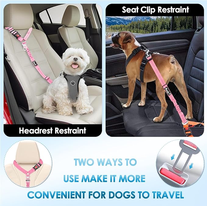 Lukovee Dog Seatbelt Leash for Cars, 2 Pack Pet Safety Seat Belt with Adjustable Buckle & Reflective Bungee, Connect Dog Harness in Vehicle Dogs Restraint Travel Daily Use (Pink)