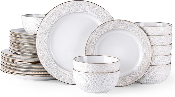 GBHOME Ceramic Dinnerware Sets, 24 pcs Embossed Elegant Stoneware Plates and Bowls Sets, Housewarming Wedding Gift | Dishwasher & Microwave Safe | Dishes Set Service for 8