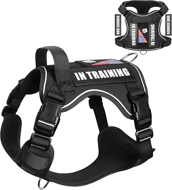 WINSEE Service Dog in Training Harness with 5 PCS Patches, Reflective Tactical Dog Vest Harness, Adjustable Soft Oxford Pet Harness with Easy Control Handle, Hook & Loop Panels for Walking Hiking