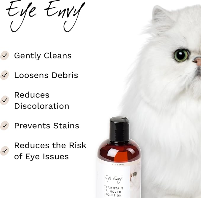 Eye Envy Tear Stain Remover Solution for Cats. 100% Natural, Safe. Treats The Cause of Stains. Recommended by Breeders, Vets, Groomers. Remove Eye Stains from Persians and Exotics. 16 oz. Made in USA