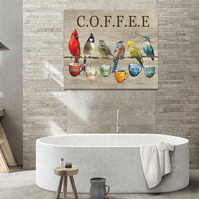 Rustic Bird Coffee Wall Art Kitchen Christ Coffee Pictures Wall Decor Farmhouse Cardinal Hummingbird Canvas Print Painting Artwork for Coffee Bar Living Room Bedroom 20"x24"