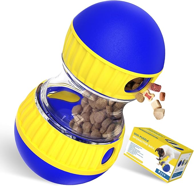 Dog Treat Dispensing Puzzle Toy Adjustable Food Dispenser Slow Feeder Puppy Enrichment Training Rolling Ball Pet Interactive Chase Toys for Small Medium Large Dogs to Keep Them Busy