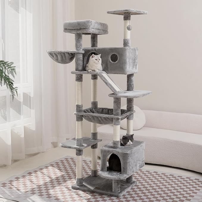 73 inches Large Cat Tree for Indoor Cats, Tall Cat Tower with Sisal Scratching Posts and Pads, Padded Plush Perch, Cozy Basket, Plush Condo for Large Cats (Grey)