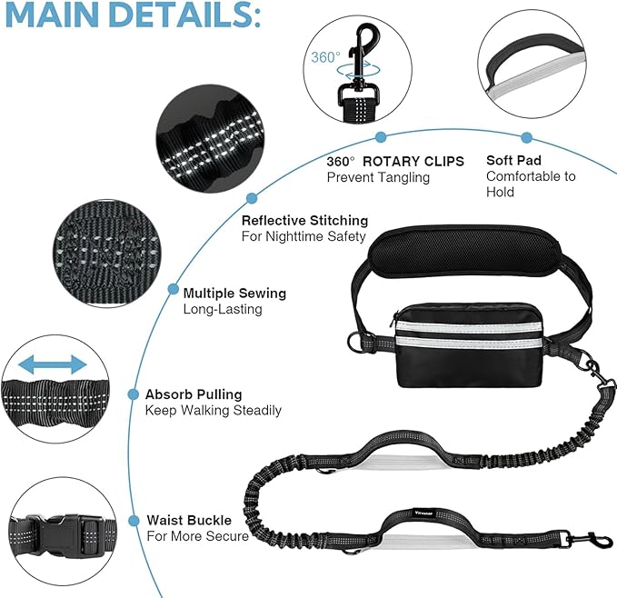 Hands Free Dog Leash with Pouch, Double Leash for Two Dogs, Retractable Bungee with Double Padded Handles, Dog Waist Leash for Dog Walking,Dog Walking Accessories,Black Grey