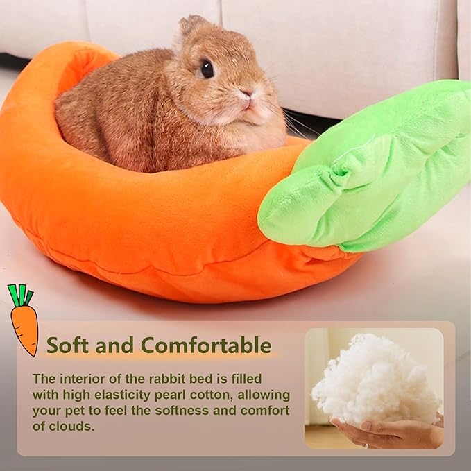 Bunny Bed,Thick&Soft Rabbit Bed with Removable Cushion,Machine Washable with Rattan Mat & Heart Decor,Cozy Warm Small Animal Sleeping Beds (Carrot Shape-M)