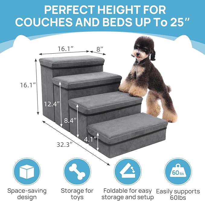 Foldable Dog Stairs 4 Tier Pet Steps, for Small Medium Dogs Pet Steps Storage Stepper for High Beds Sofa (4 Step)