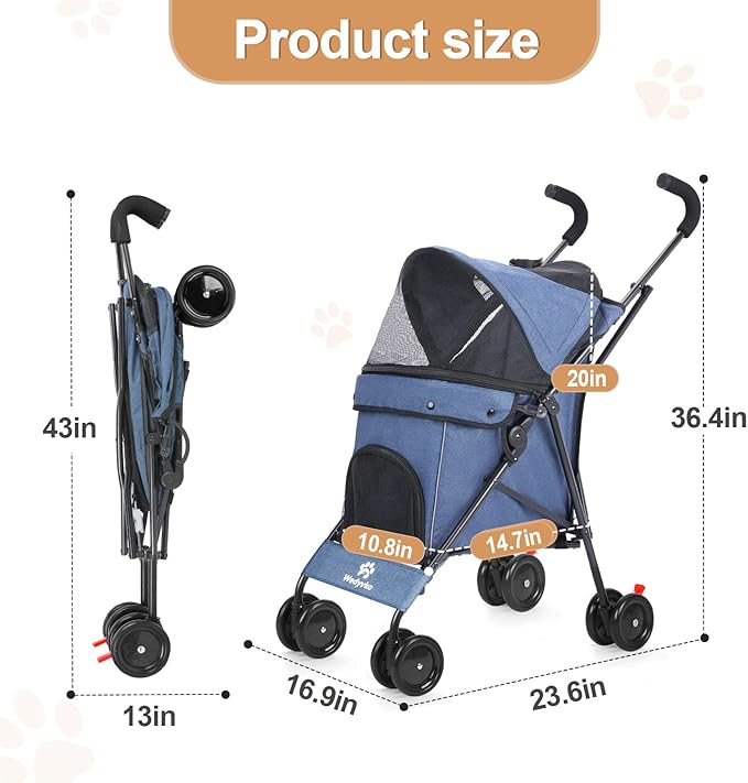 Wedyvko Travel Portable Dog Stroller, Pet Stroller for Small Puppy Dogs & Cats, Up to 33 lbs, Navy Blue