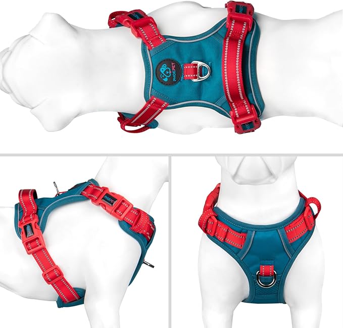 PHOEPET No Pull Dog Harness, Unique Colors Reflective Adjustable Dog Vest, with Soft Training Handle Metal Clips for Small Medium Large Dogs (Teal Base & Red Straps,L)