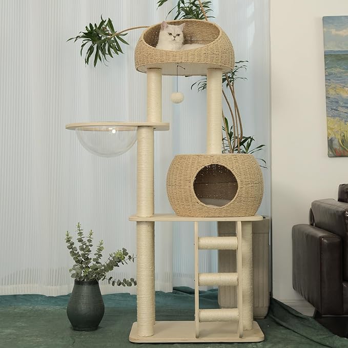 Rattan Cat Tree for Indoor Cats,Tall Cat Tree Tower with Cat Scratching Post,Wood Cat Tower for Indoor Cats,57.5 Inch Tall